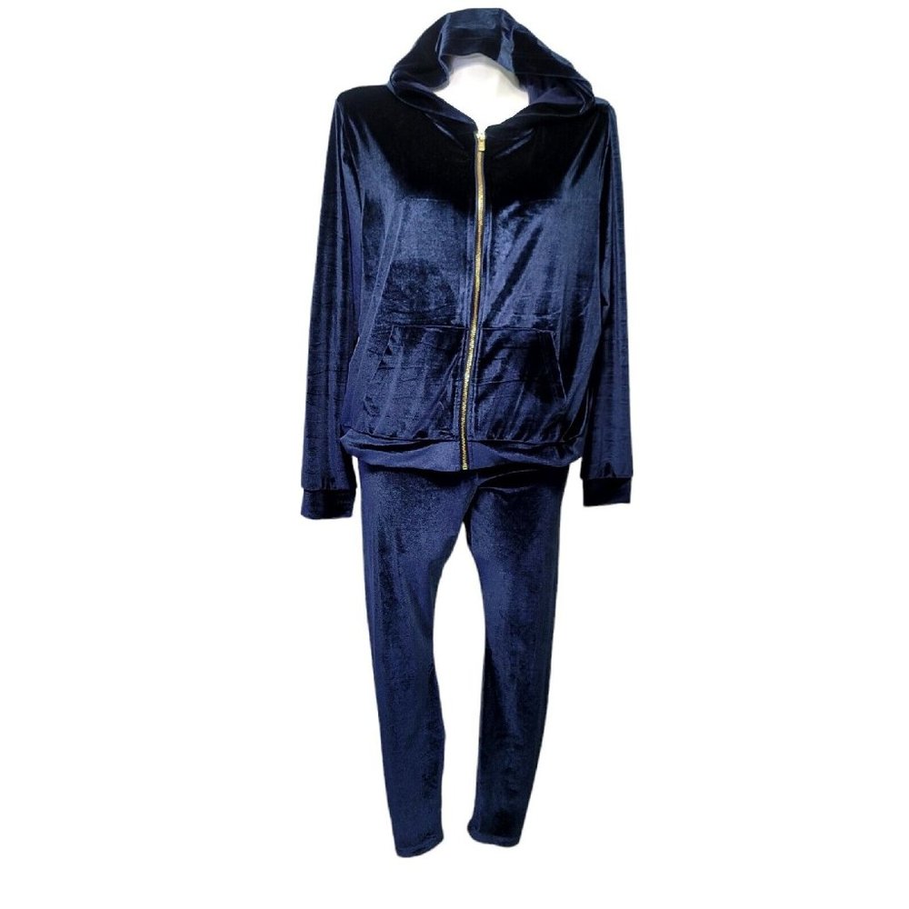 Fabletics Plus 1X Navy Blue‎ Donna Luxe Velour Hoodie and Jogger Sweatsuit Set
